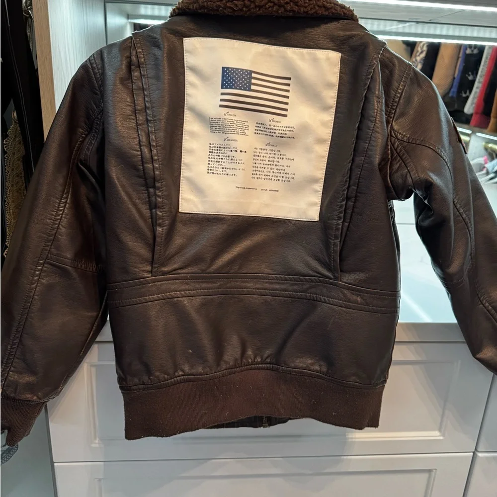 Brown Leather Aviator Bomber Jacket with Patches Top Gun size 8 - Picture 6 of 9